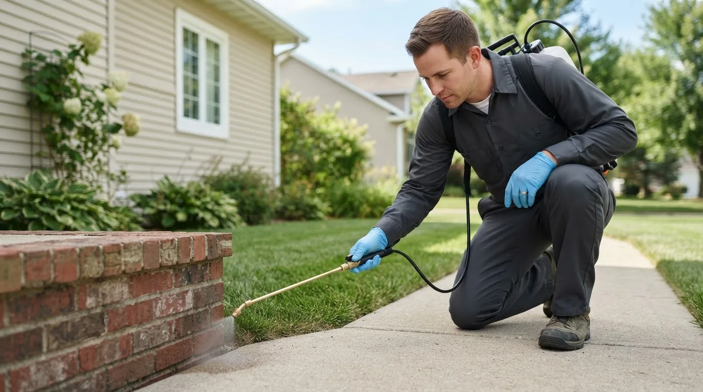Pest control technician treating a home near Saint Anthony, IN