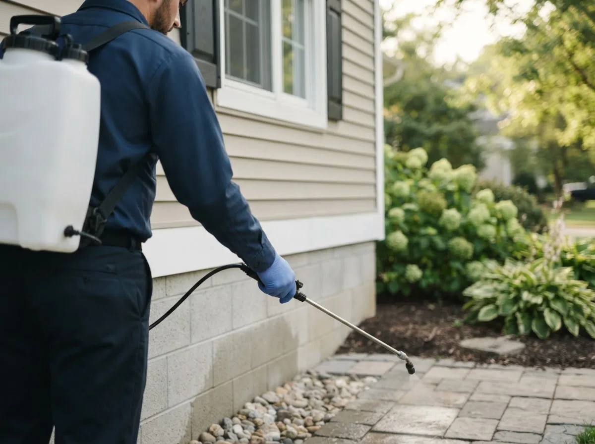 Pest control technician inspecting a home in Saint Anthony, IN